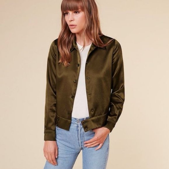 Reformation Kodiak Bomber Jacket Olive Green Embroidery XS EUC - Picture 4 of 5